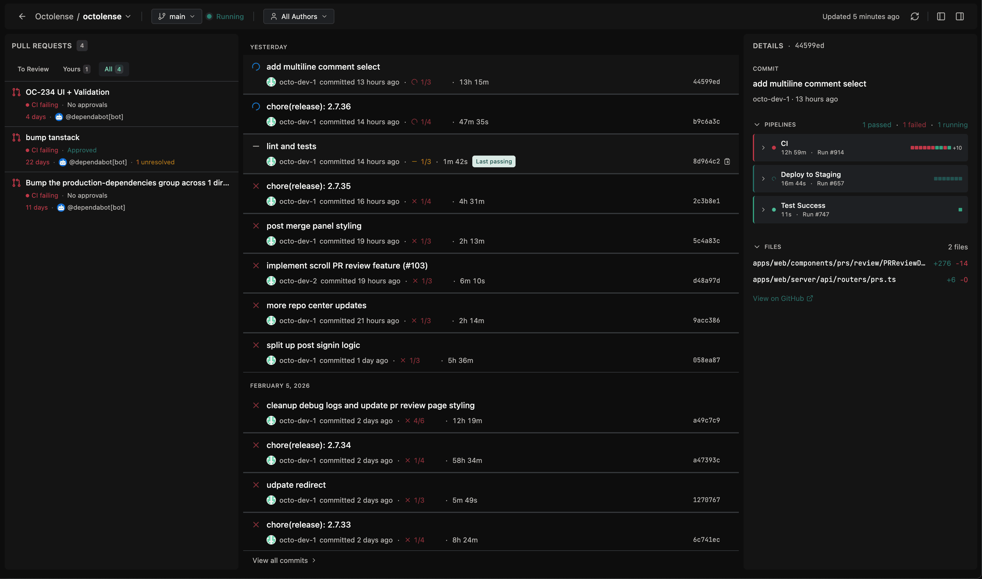 Octolense repository command center showing commits, pipelines, and PR activity